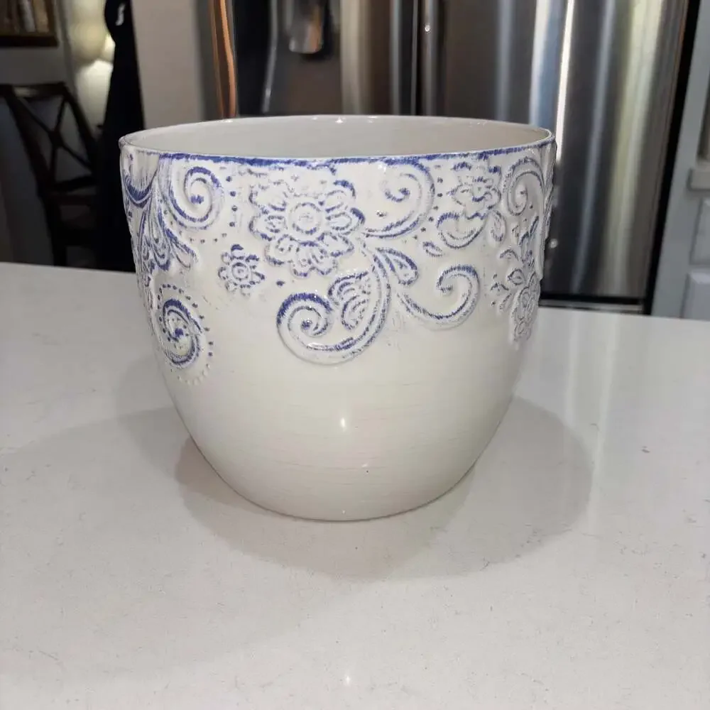 Nocal LDA Ceramic Planter Pot White and Blue Floral Embossed Scroll Portugal